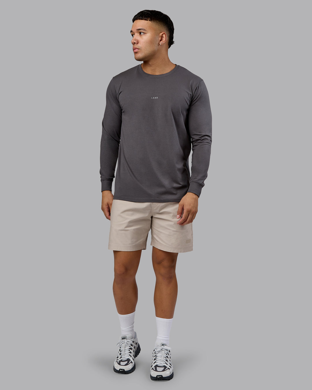Man wearing Base FLXCotton Long Sleeve Tee - Dark Storm | Model:Kaelyb | Size:L - view 2
