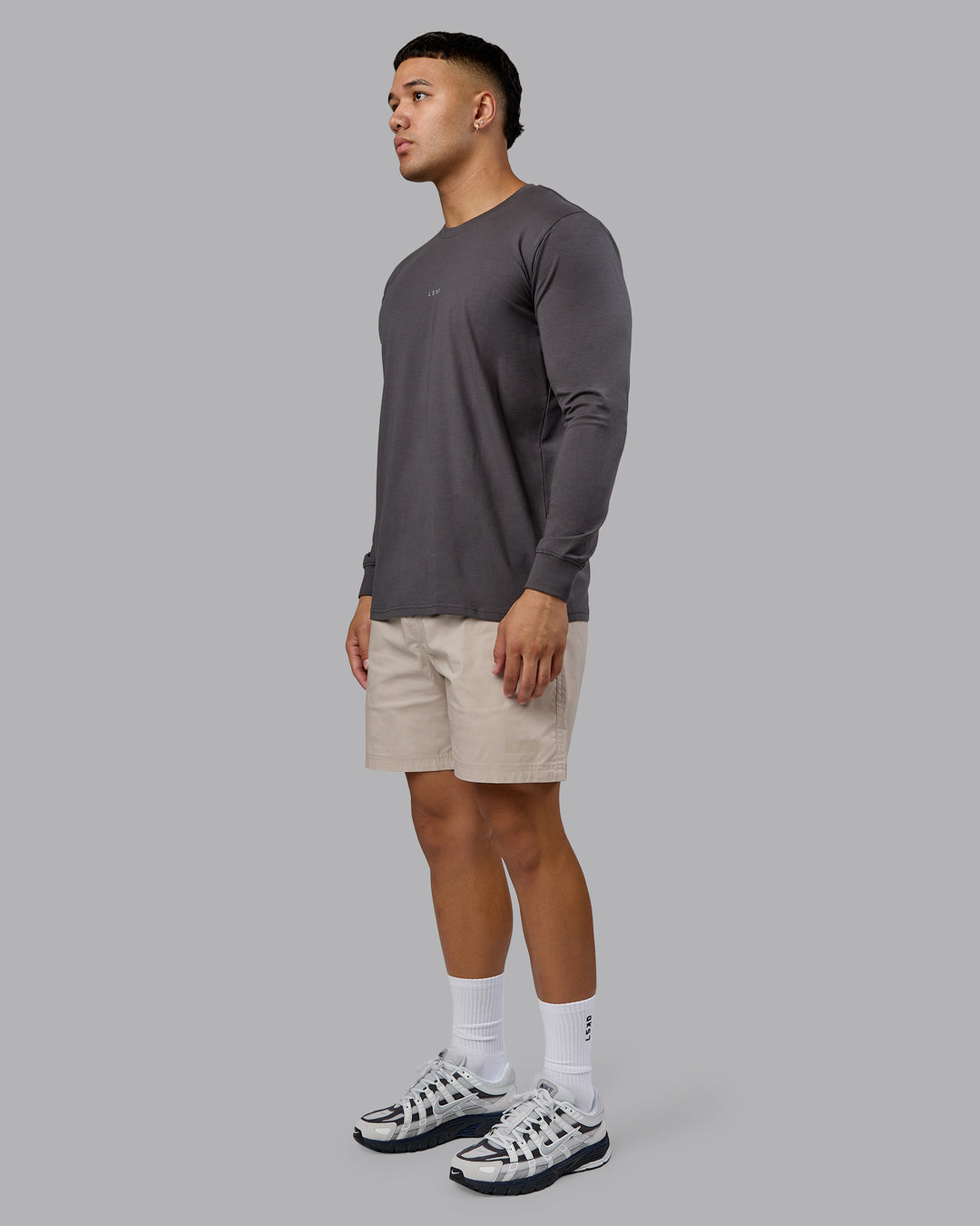 Man wearing Base FLXCotton Long Sleeve Tee - Dark Storm | Model:Kaelyb | Size:L - view 4