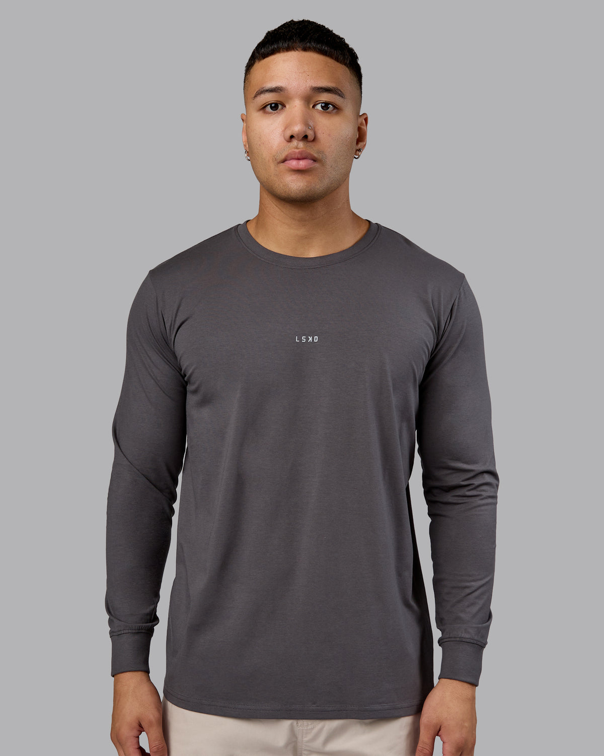 Man wearing Base FLXCotton Long Sleeve Tee - Dark Storm | Model:Kaelyb | Size:L