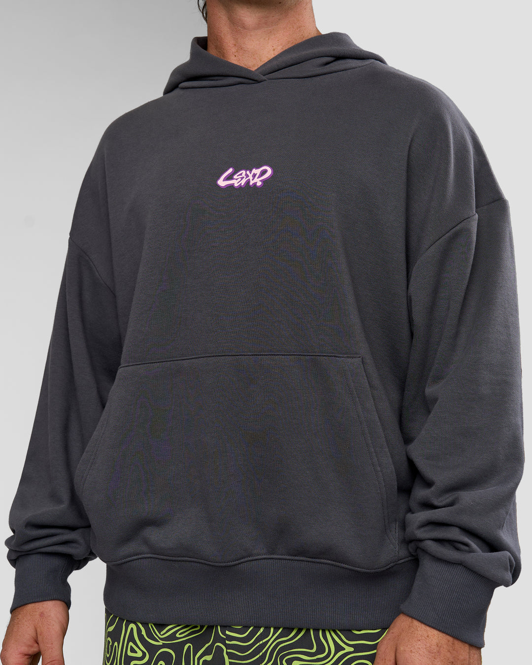 Man wearing Miami Vibe Oversized Hoodie - Dark Storm-Marshmallow | Model:Adam | Size:L - view 8
