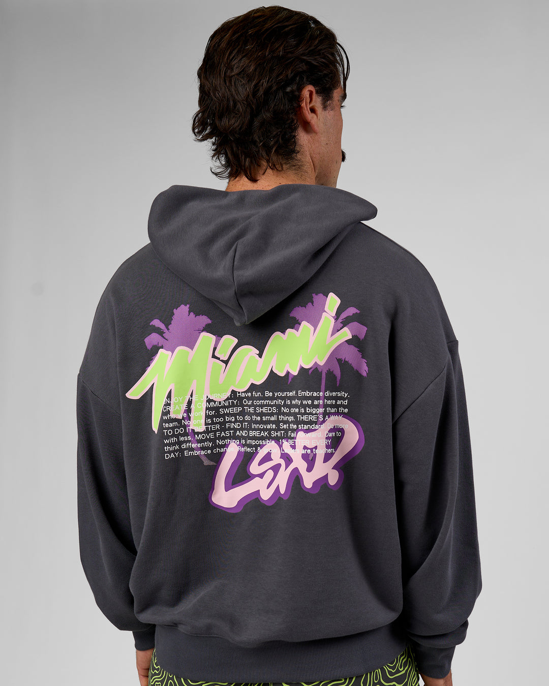 Man wearing Miami Vibe Oversized Hoodie - Dark Storm-Marshmallow | Model:Adam | Size:L - view 3