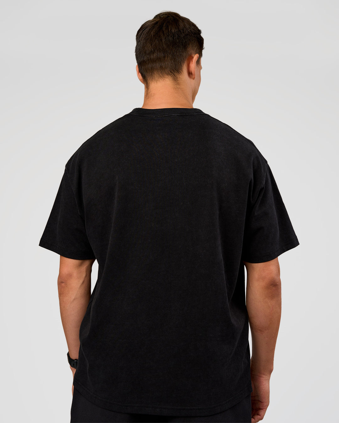 Man wearing Offset Heavyweight Unisex Oversized Tee - Black Washed-Castlerock | Model:Liam | Size:L - view 3