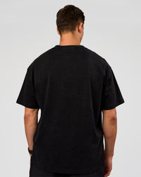 Man wearing Offset Heavyweight Unisex Oversized Tee - Black Washed-Castlerock | Model:Liam | Size:L | Thumbnail Index: 2