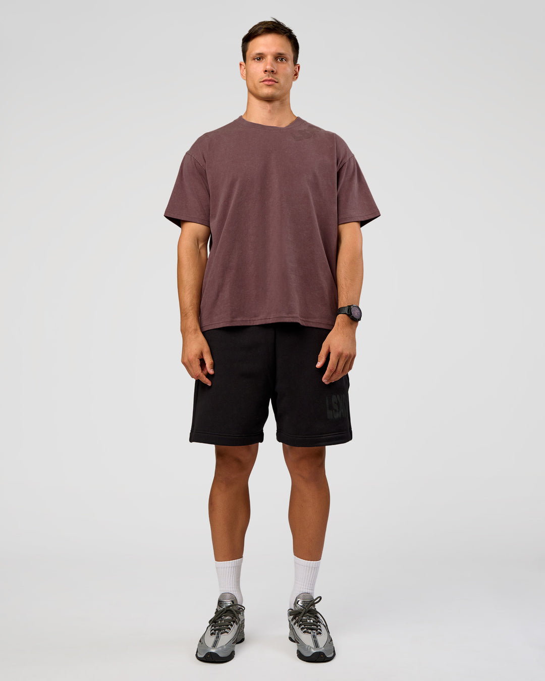 Man wearing Offset Heavyweight Unisex Oversized Tee - Cocoa Powder-Cocoa Powder | Model:Liam | Size:L - view 5