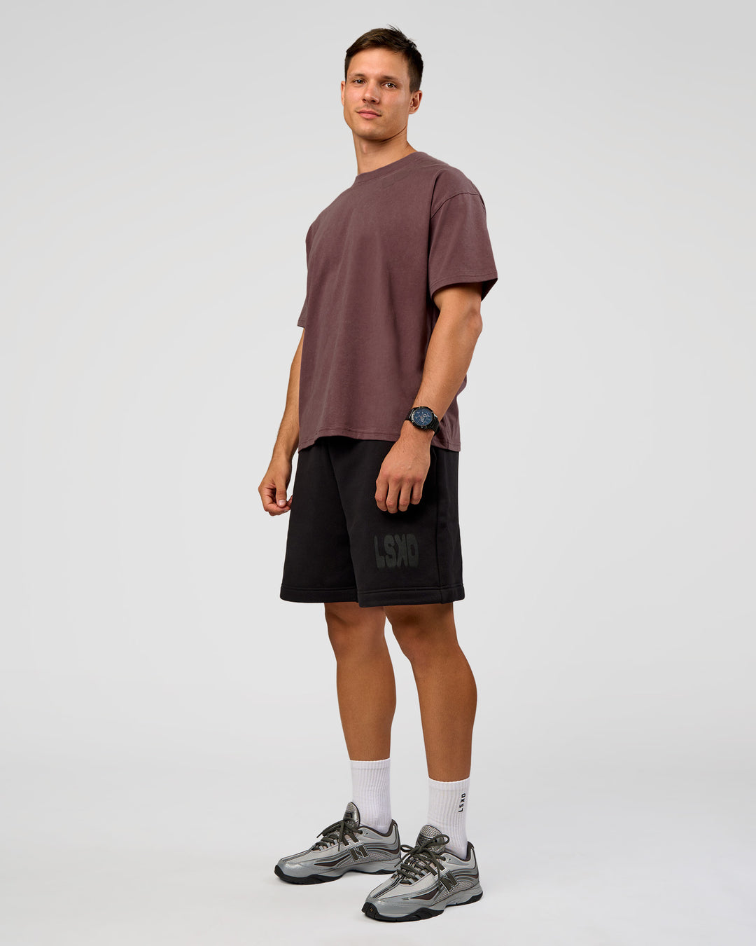 Man wearing Offset Heavyweight Unisex Oversized Tee - Cocoa Powder-Cocoa Powder | Model:Liam | Size:L - view 10