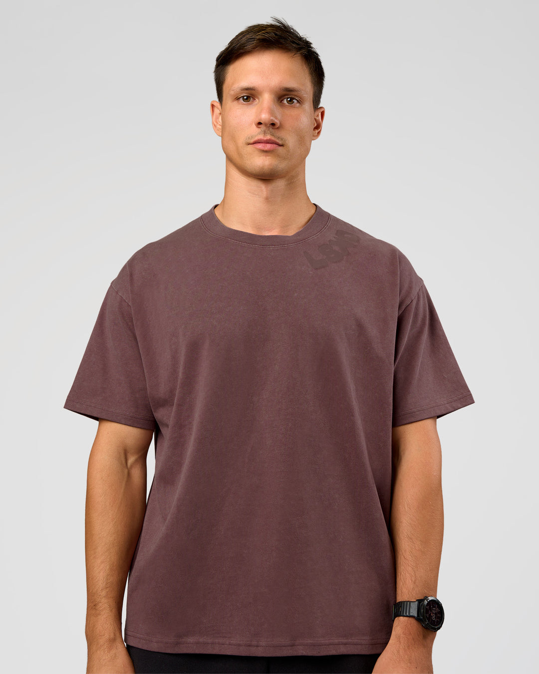 Man wearing Offset Heavyweight Unisex Oversized Tee - Cocoa Powder-Cocoa Powder | Model:Liam | Size:L - view 4