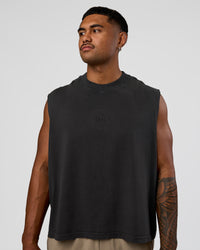 Man wearing Oversized Heavyweight Boxed Tank - Washed Black | Model:Xav | Size:L | Thumbnail Index: 2
