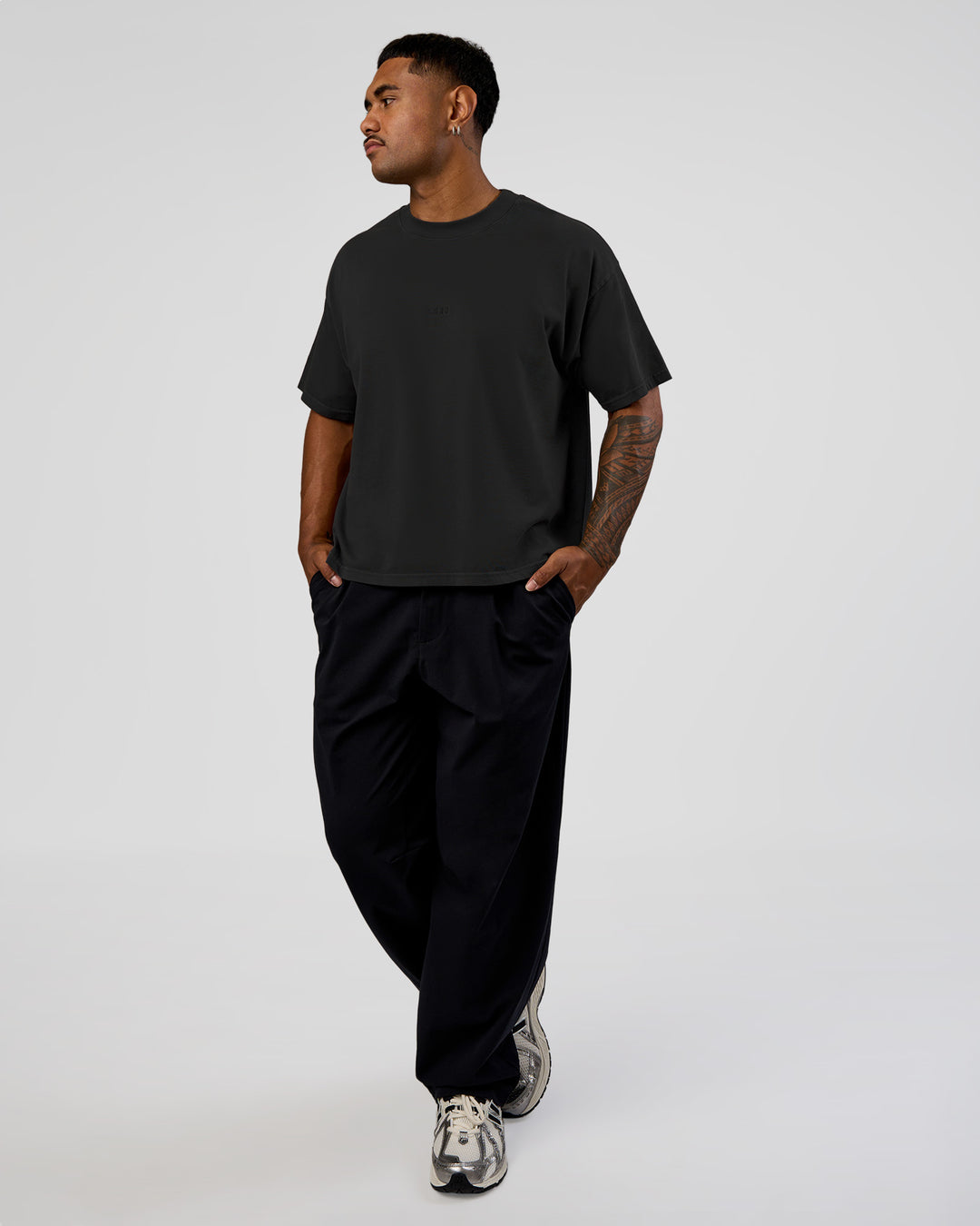 Man wearing Oversized Heavyweight Boxed Tee - Washed Black | Model:Xav | Size:L - view 5