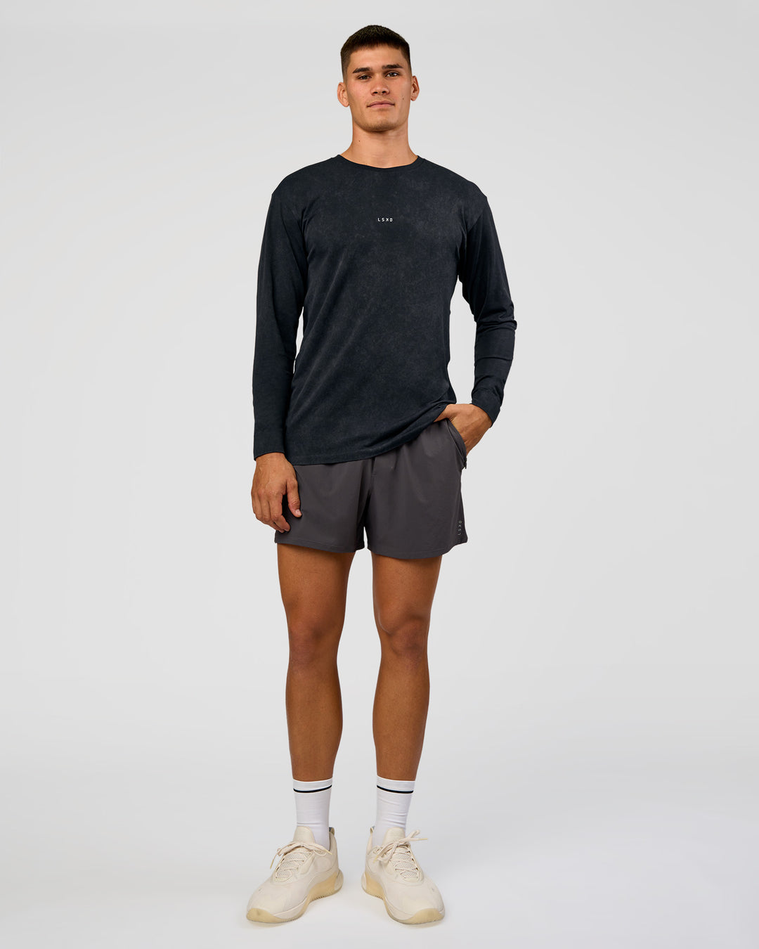 Man wearing Power Oversized Long Sleeve Tee - Black Washed | Model:Jackson | Size:L - view 5