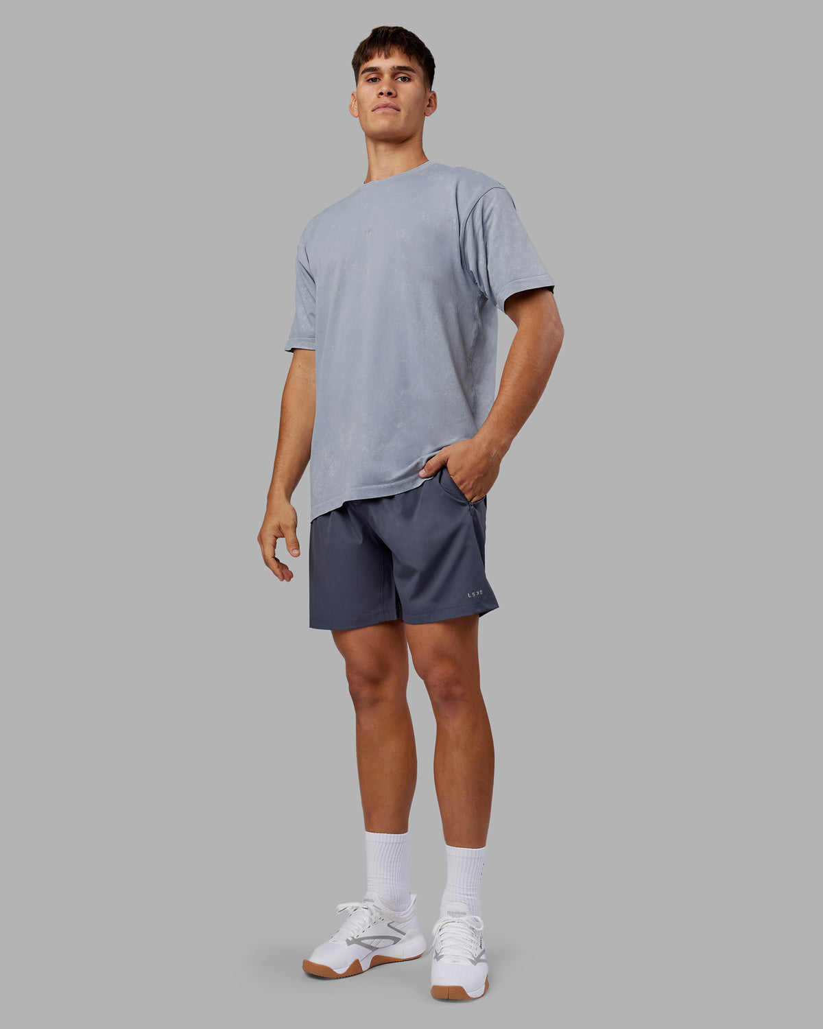 Man wearing Power Oversized Tee - Tradewinds Washed | Model:Jackson | Size:L
