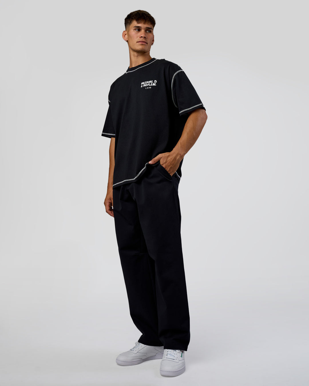 Man wearing Pressure is Privilege Oversized Tee - Black-White | Model:Jackson | Size:L - view 6