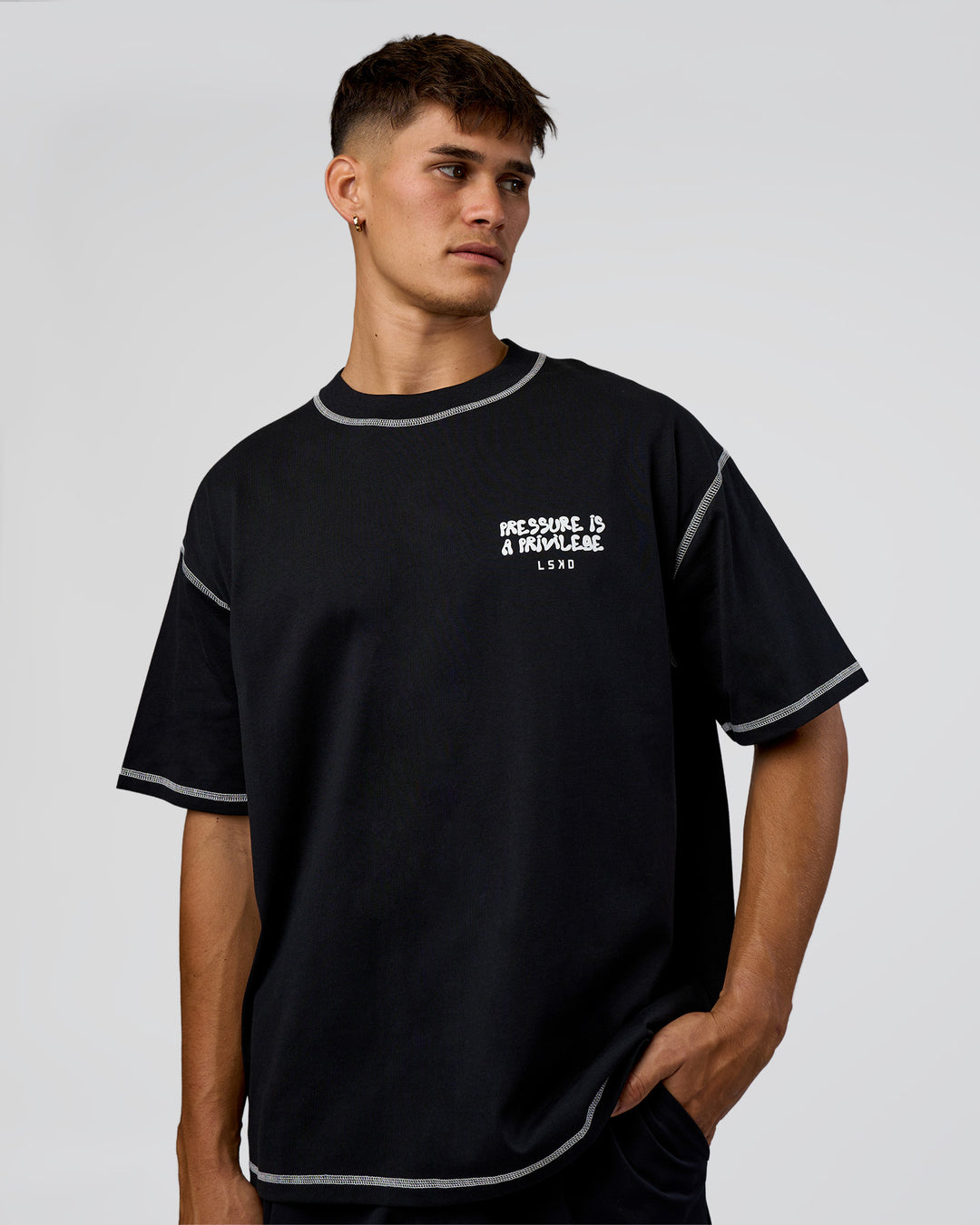 Man wearing Pressure is Privilege Oversized Tee - Black-White | Model:Jackson | Size:L - view 2