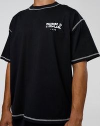 Man wearing Pressure is Privilege Oversized Tee - Black-White | Model:Jackson | Size:L | Thumbnail Index: 7