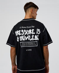 Man wearing Pressure is Privilege Oversized Tee - Black-White | Model:Jackson | Size:L | Thumbnail Index: 2
