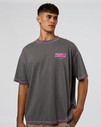 Man wearing Pressure is Privilege Oversized Tee - Dark Storm Washed-Ultra Fuchsia | Model:Jackson | Size:L | Thumbnail Index: 2