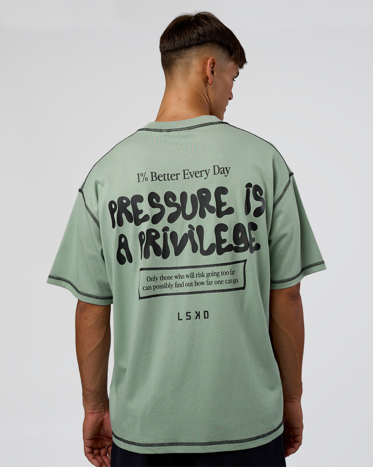 Man wearing Pressure is Privilege Oversized Tee - Iceberg Green-Black | Model:Jackson | Size:L