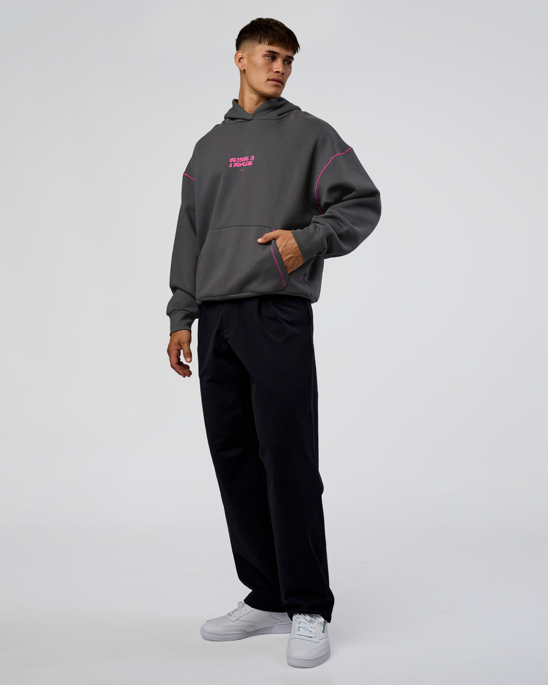 Man wearing Pressure is Privilege Oversized Hoodie - Dark Storm-Ultra Fuchsia | Model:Jackson | Size:L - view 8