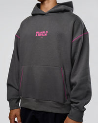 Man wearing Pressure is Privilege Oversized Hoodie - Dark Storm-Ultra Fuchsia | Model:Jackson | Size:L | Thumbnail Index: 9