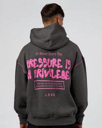 Man wearing Pressure is Privilege Oversized Hoodie - Dark Storm-Ultra Fuchsia | Model:Jackson | Size:L | Thumbnail Index: 1