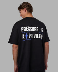 Man wearing Pressure is a Privilege FLXCotton Oversized Tee - Black-Power Cobalt | Model:Brandon | Size:L | Thumbnail Index: 6