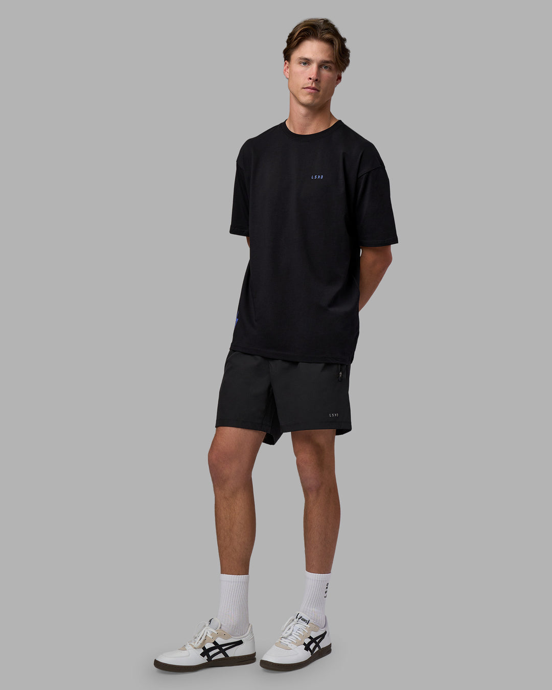 Man wearing Pressure is a Privilege FLXCotton Oversized Tee - Black-Power Cobalt | Model:Brandon | Size:L - view 10