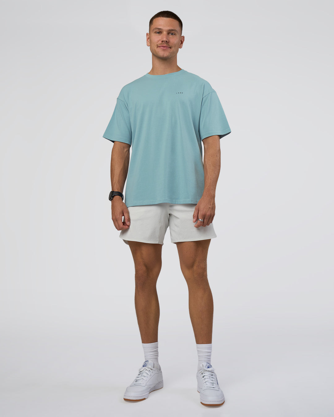 Man wearing Research Department FLXCotton Oversized Tee - Smoke Blue | Model:Nikola | Size:L - view 6