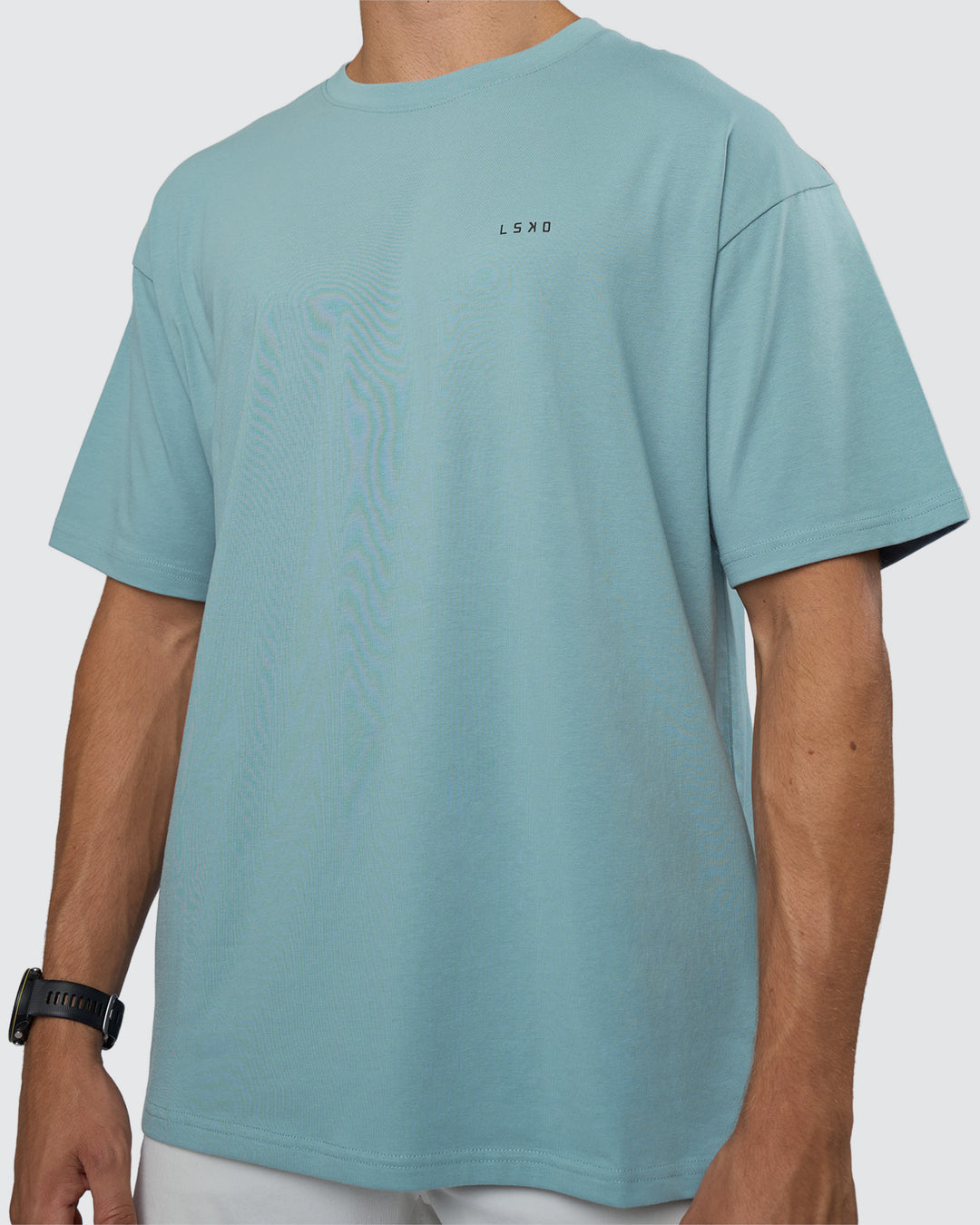 Man wearing Research Department FLXCotton Oversized Tee - Smoke Blue | Model:Nikola | Size:L - view 9