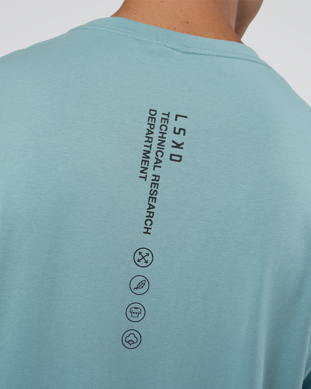 Man wearing Research Department FLXCotton Oversized Tee - Smoke Blue | Model:Nikola | Size:L - view 3