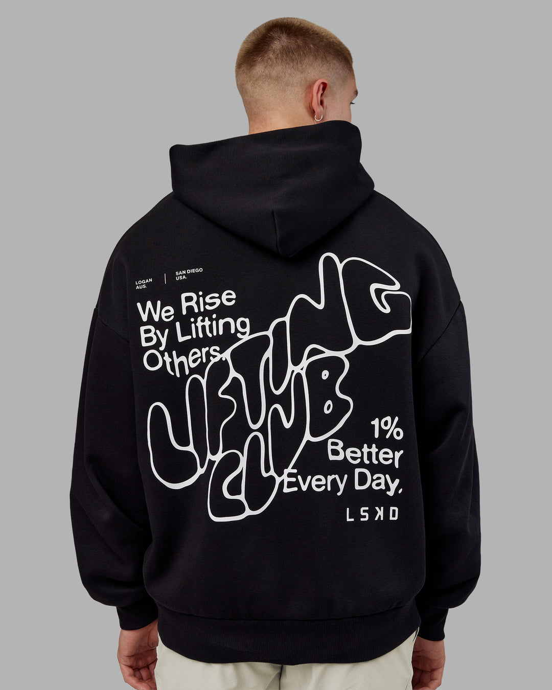 Man wearing Rise &amp; Lift Hoodie Oversized - Black-White | Model:Tom | Size:L - view 9