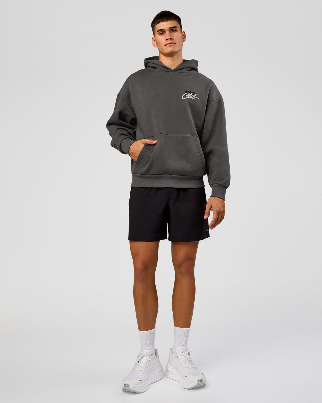 Man wearing Run Club Script Oversized Hoodie - Dark Storm-Alloy | Model:Jackson | Size:L - view 6