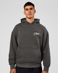 Man wearing Run Club Script Oversized Hoodie - Dark Storm-Alloy | Model:Jackson | Size:L | Thumbnail Index: 2