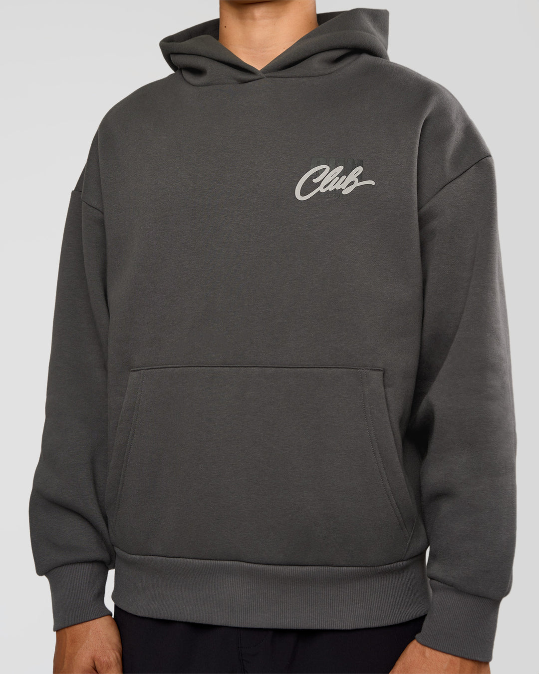 Man wearing Run Club Script Oversized Hoodie - Dark Storm-Alloy | Model:Jackson | Size:L - view 8