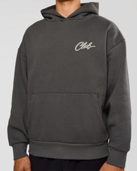 Man wearing Run Club Script Oversized Hoodie - Dark Storm-Alloy | Model:Jackson | Size:L | Thumbnail Index: 7
