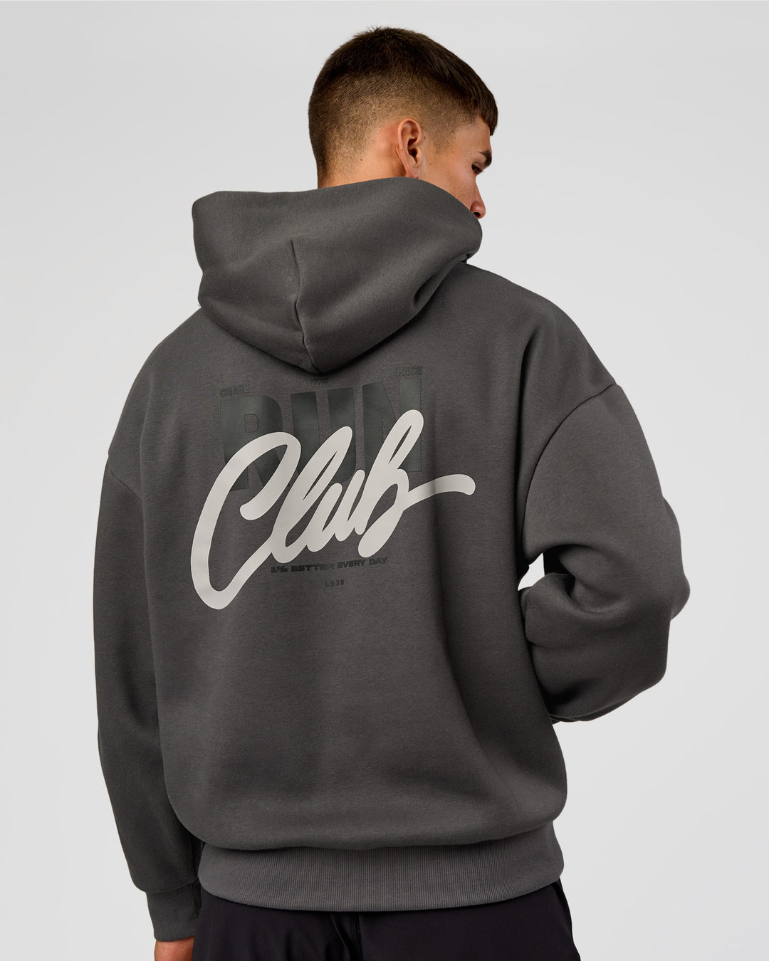 Man wearing Run Club Script Oversized Hoodie - Dark Storm-Alloy | Model:Jackson | Size:L - view 2