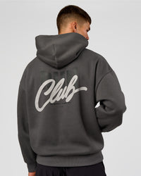 Man wearing Run Club Script Oversized Hoodie - Dark Storm-Alloy | Model:Jackson | Size:L | Thumbnail Index: 1