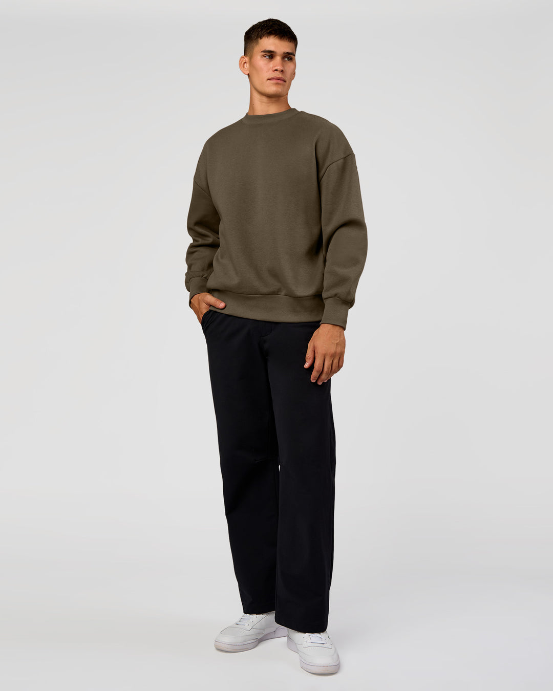 Man wearing Shadow Mode Oversized Sweater - Walnut Grey | Model:Jackson | Size:L - view 10
