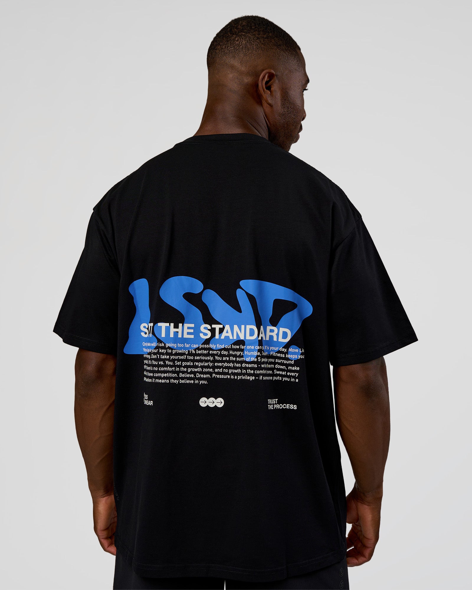 Man wearing Standard Issue FLXCotton Oversized Tee - Black-Palace Blue | Model:Sam | Size:L