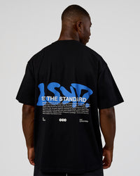 Man wearing Standard Issue FLXCotton Oversized Tee - Black-Palace Blue | Model:Sam | Size:L | Thumbnail Index: 1