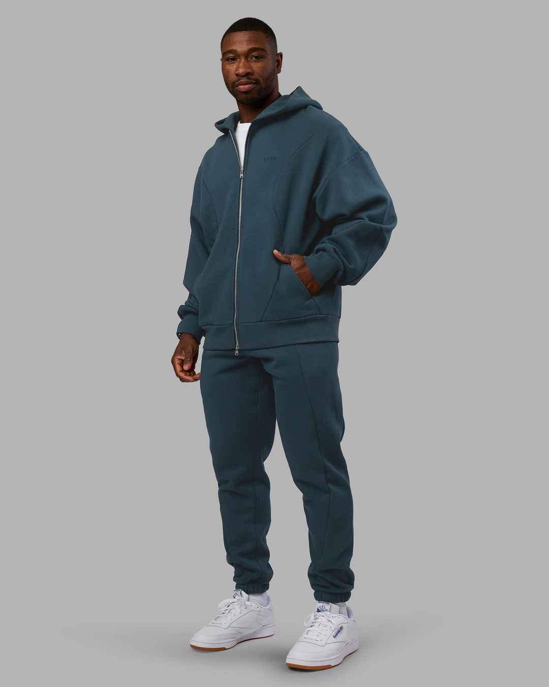 Man wearing Stream Oversized Panel Zip Hoodie - Deep Sea | Model:Sam | Size:L - view 10