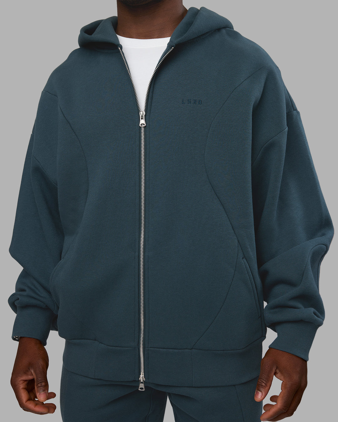 Man wearing Stream Oversized Panel Zip Hoodie - Deep Sea | Model:Sam | Size:L - view 7