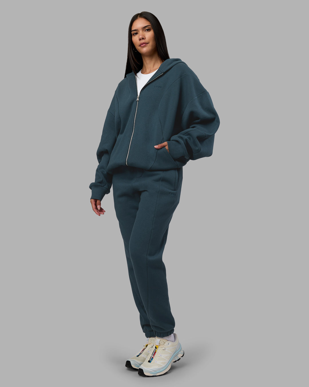 Woman wearing Stream Oversized Panel Zip Hoodie - Deep Sea | Model:Rhiley | Size:L - view 3