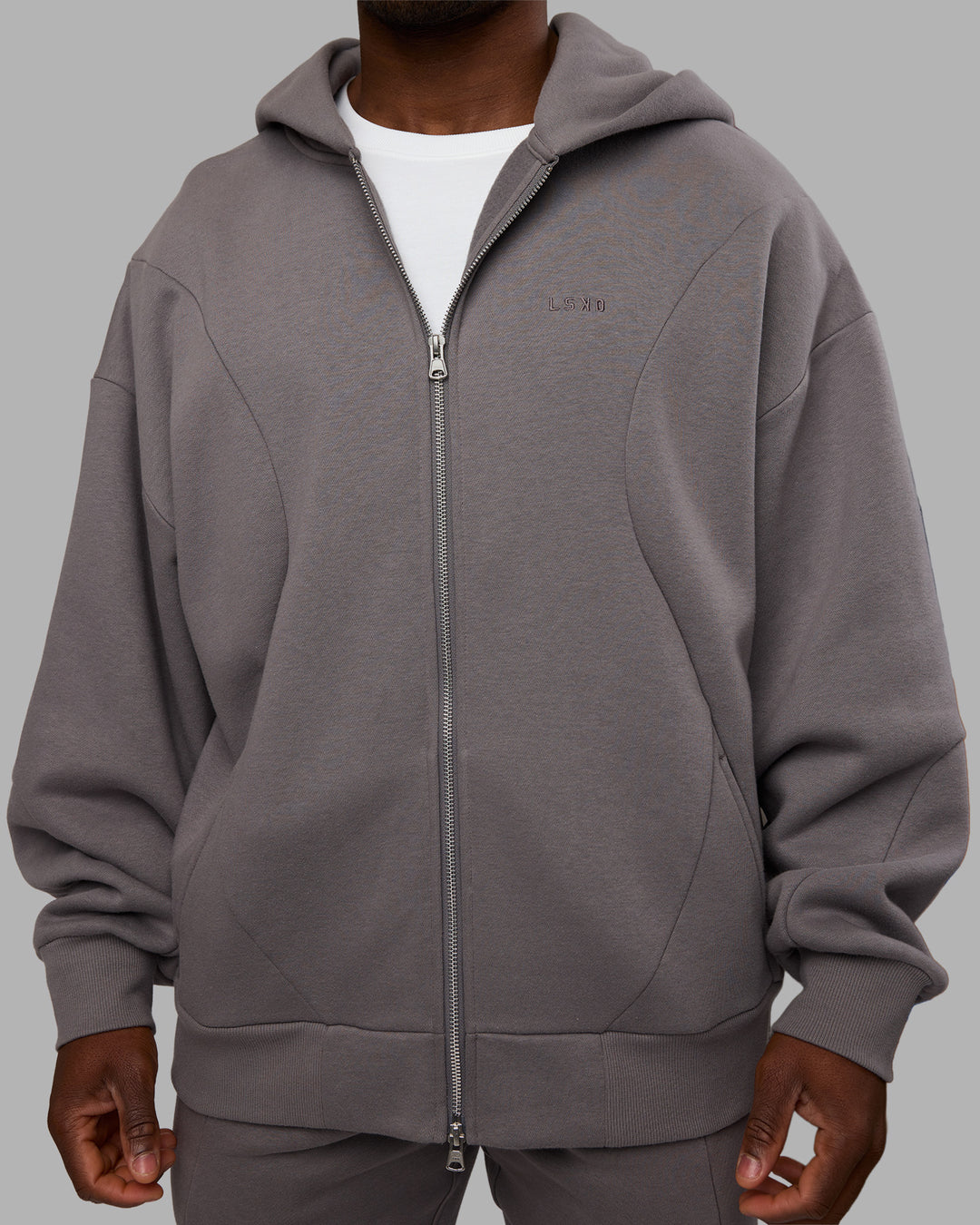 Man wearing Stream Oversized Panel Zip Hoodie - Storm Front | Model:Sam | Size:L - view 9