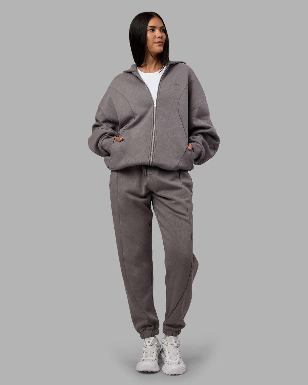 Woman wearing Stream Oversized Panel Zip Hoodie - Storm Front | Model:Rhiley | Size:L - view 11