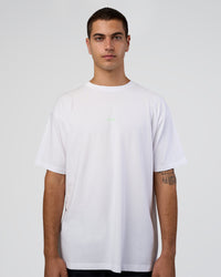 Man wearing Together We Rise FLXCotton Oversized Tee - White-Solar Lime | Model:Zoran | Size:L | Thumbnail Index: 5
