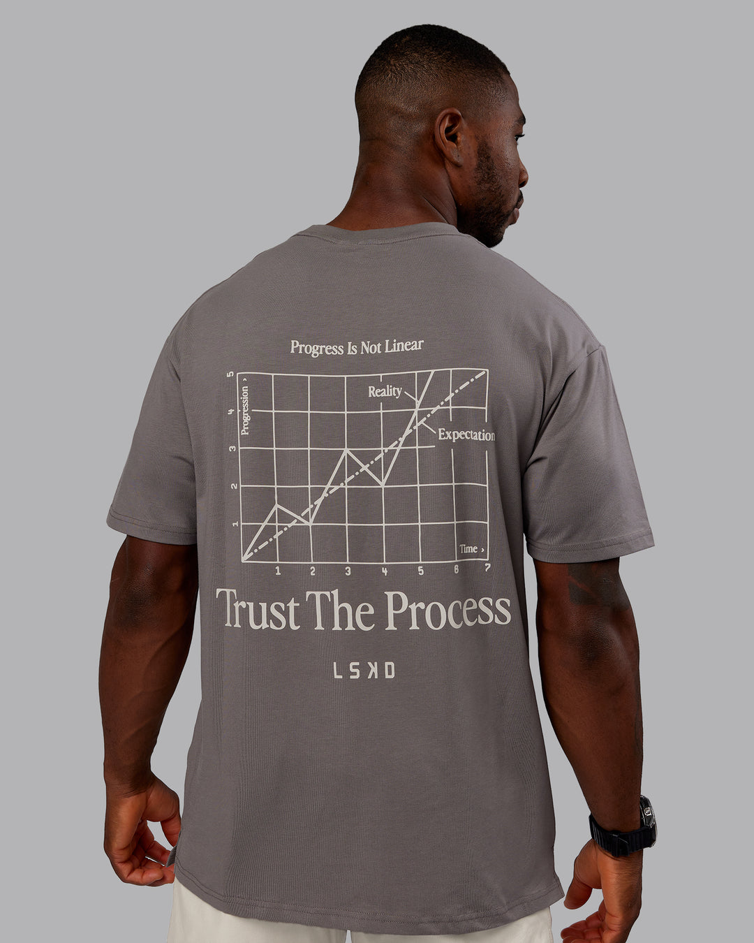Man wearing Trust The Process 2.0 FLXCotton Tee Oversize - Storm Front-Shale Beige | Model:Sam | Size:L - view 2