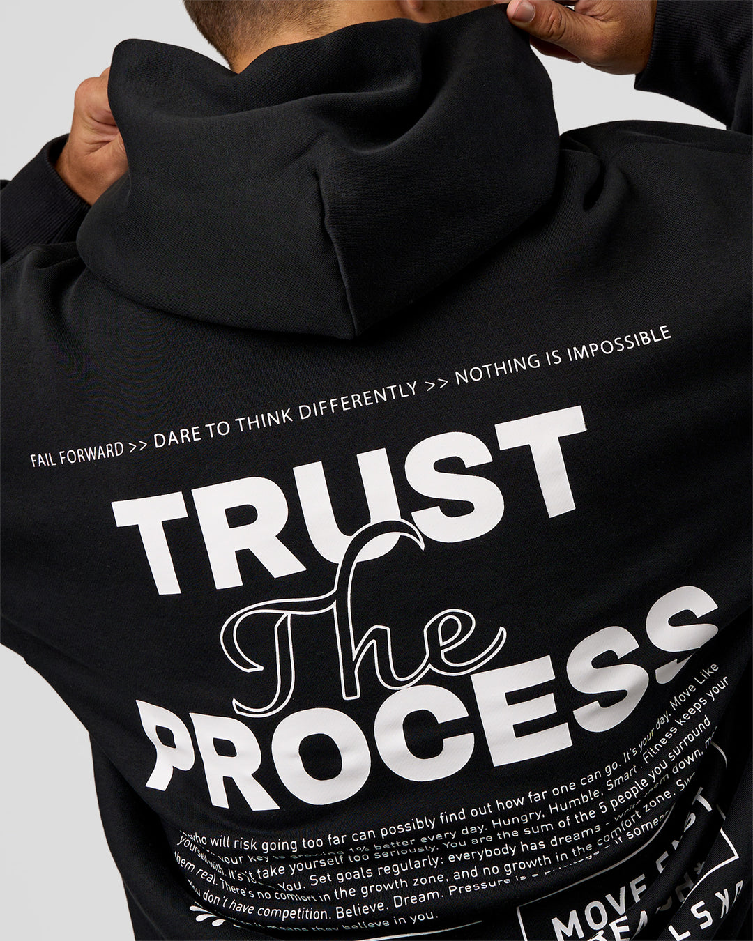 Man wearing Trust The Process Unisex Oversized Hoodie - Black-White | Model:Jaiden | Size:L - view 7