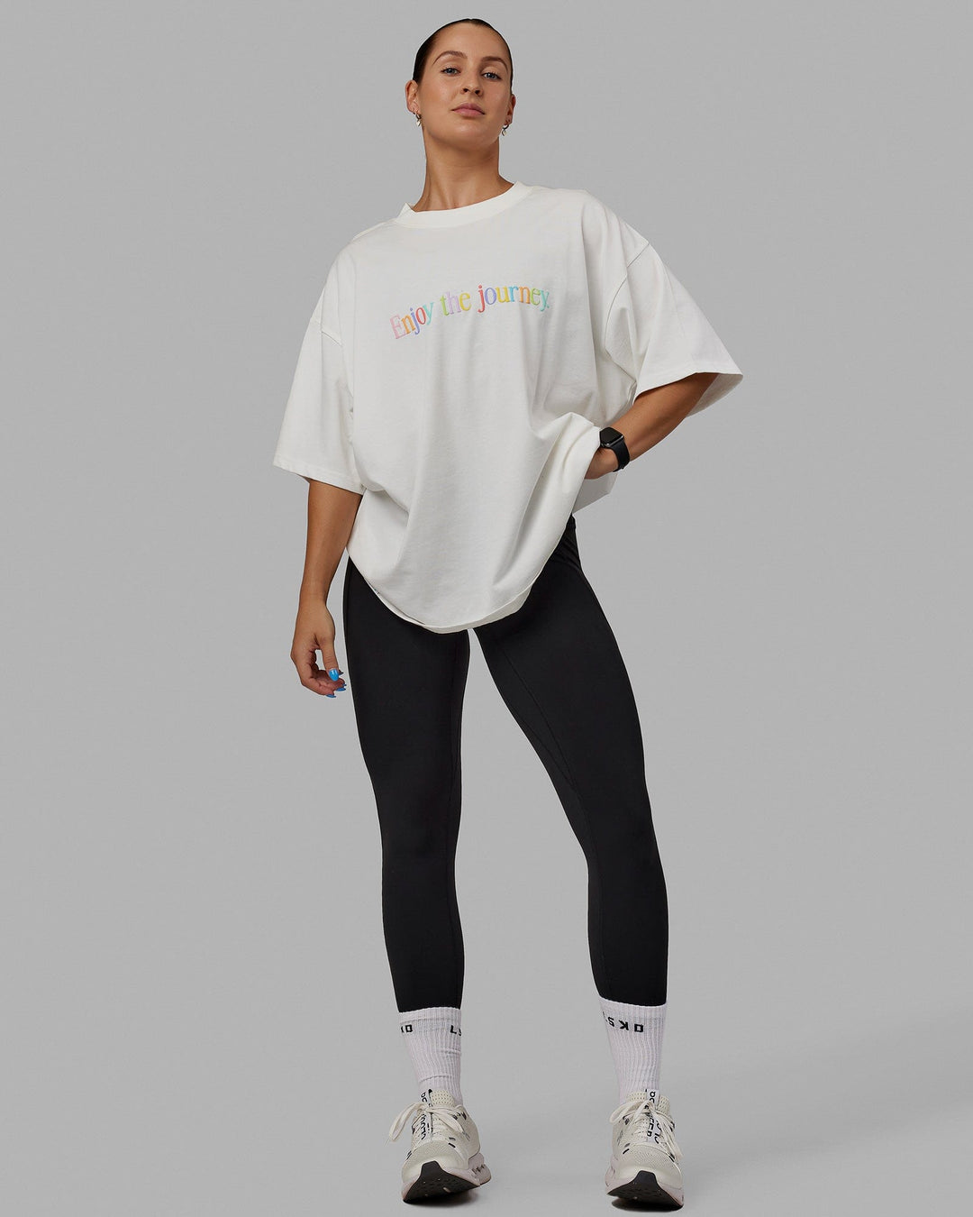Woman wearing Unisex Enjoy The Journey Heavyweight Tee Oversize - Off White-Multi - view 7