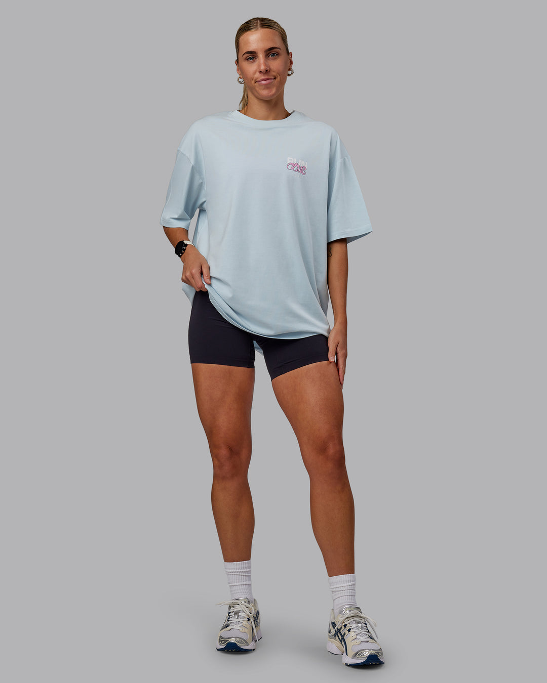 Woman wearing Unisex Gone Running FLXCotton Tee Oversize - Skyride-Bubblegum - view 11