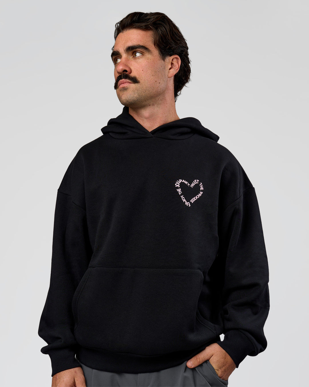 Man wearing Unisex Love The Process Oversize Hoodie - Black-Marshmallow | Model:Adam | Size:L - view 3