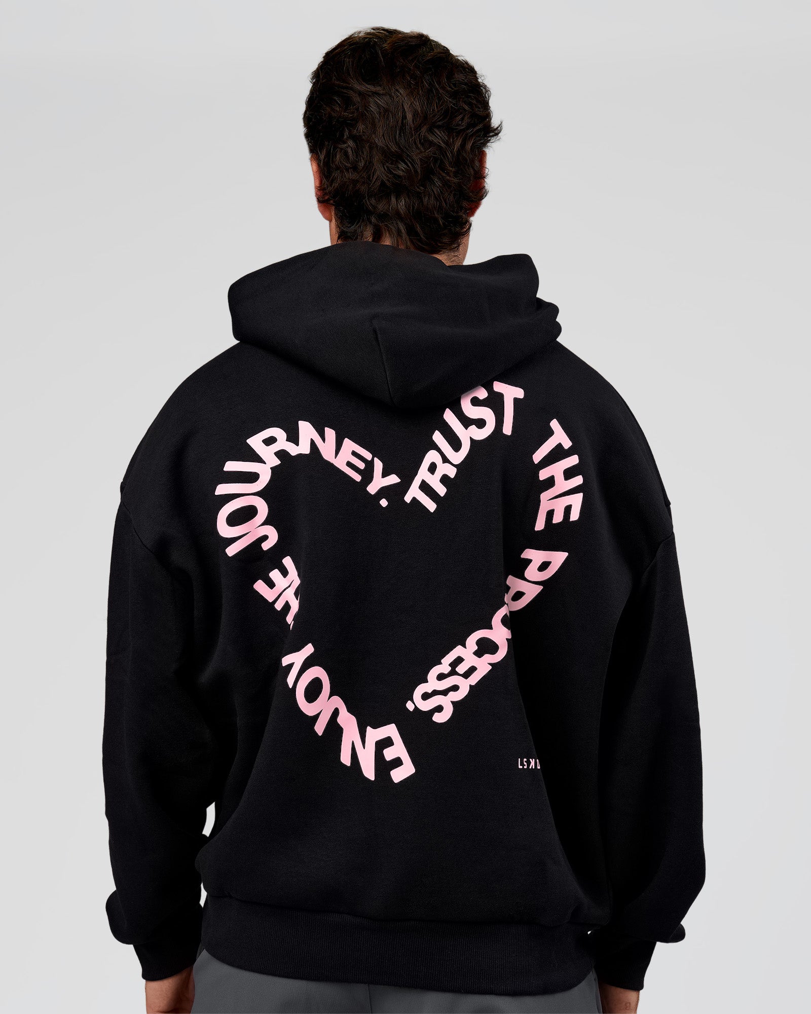 Man wearing Unisex Love The Process Oversize Hoodie - Black-Marshmallow | Model:Adam | Size:L